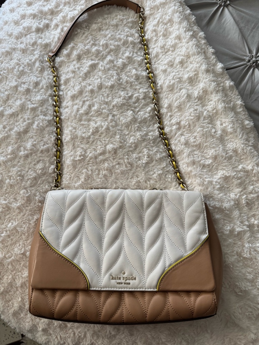 kate spade Quilted Leather Shoulder Bag in White and Tan with Gold Chain
